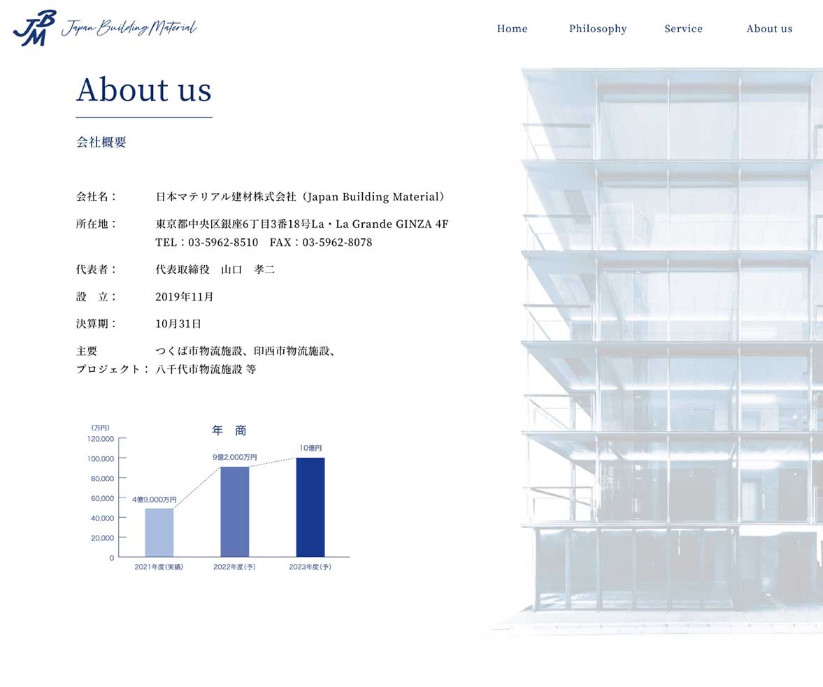日本マテリアル建材株式会社様 会社案内WEBページの裏面デザイン
